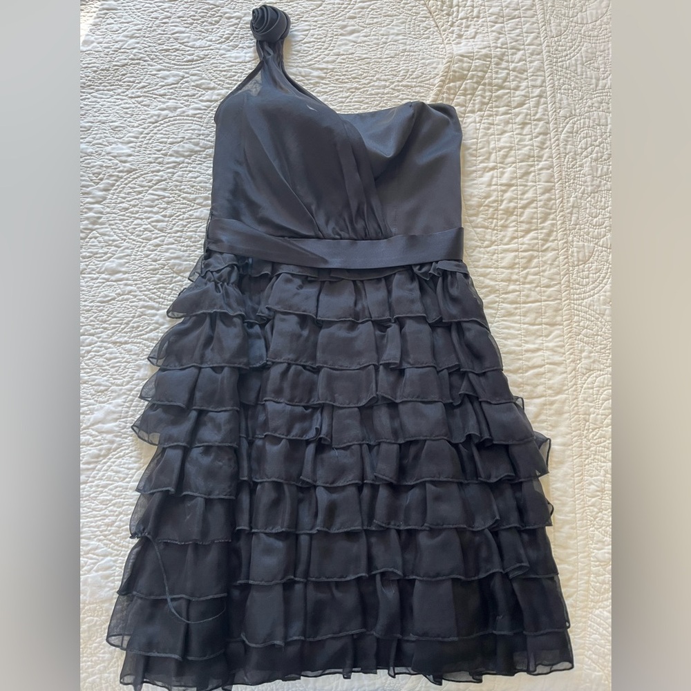 ABS - Black Mini One Shoulder Tiered Cocktail Dress with Rose Detail - Size 2